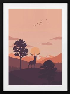 a deer is standing in the wilderness at sunset