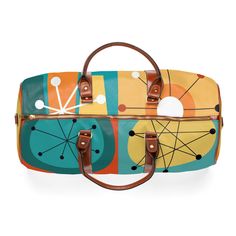 Groovy 60's 70's Mid Century Modern Carry On Bag, Geometric, Abstract, Orange, Yellow, Teal Blue, Atomic Age, Waterproof Travel Bag Totally rad travel bag. It's colorful, cheerful vibe will no doubt bring folks to asking "where did you get that bag"?!~ This personalized travel bag is all about style. Made with high-grade waterproof fabric, it's a highly durable means of transferring your essentials wherever you go. With multiple compartments, a resilient carrying handle, and an adjustable should Retro Green Bags, Vintage Rectangular Shoulder Bag For Trips, Retro Bags With Luggage Sleeve For Daily Use, Blue Retro Travel Bag, Retro Multicolor Shoulder Bag, Retro Yellow Satchel Bag, Retro Rectangular Shoulder Bag With Luggage Sleeve, Retro Yellow Travel Bag, Retro Yellow Rectangular Bag