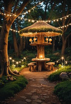 a tree house with lights hanging from it's roof