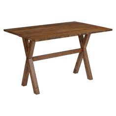 a wooden table with two crossed legs