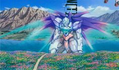 an anime character is standing in the middle of a field with flowers and mountains behind him