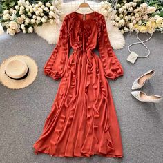 Fairy dress,gentle wind dress, sweet wooden ear edge bubble sleeve holiday dressMaterial:chiffonStyle:sweetType:A-lineFeatures:fairy m,gentleColor:black,yellow,red,yellow,orange,pinkSize(cm):free 1inch=2.54cm&ltp&gtlength:130,sleeve:61,bust:100,waist:60-94</p>&ltbr/>&ltp&gtNote:Due to different measurement methods,there will be 1-3 error(unite:cm), please understand.</p>&ltbr/>&ltp&gtPlease check the size carefully when you choose items,thank you Bohemian Chiffon Dress With Ruffles For Party, Elegant Chiffon Vintage Dress For Spring, Elegant Vintage Chiffon Dress For Spring, Bohemian Chiffon Dress With Ruffles, Bohemian Puff Sleeve Dresses For Party, Bohemian Puff Sleeve Party Dress, Spring Midi Dress With Ruffles And Lantern Sleeves, Ruffled Solid Color Chiffon Dress, Solid Chiffon Dress With Ruffles