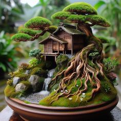 a bonsai tree with a house in the middle and water flowing out of it