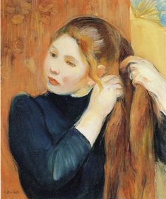 a painting of a woman with her hair pulled back and wearing a blue sweater, looking off to the side