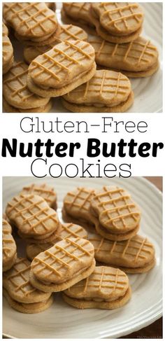 gluten - free nutter butter cookies on a white plate with text overlay