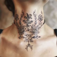 Detailed Neck Tattoo Tattoo Kit Cute But Tattoos, Line Work Neck Tattoo, Shoulder Adornment Tattoo, Women With Neck Tattoos, Fern Neck Tattoo, Under Breast Tattoo Women, Side Of Face Tattoo Women, Womens Collar Bone Tattoos, Neck Tattoo Placement