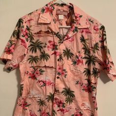 Beautiful Pink Shirt With Flamingoes, Palm Trees And Plumerias. Fabric Content Is 100% Cotton. It Is A Size Medium. Brand New Condition With No Rips Tears Or Stains. This Shirt Was Made In And Bought In Hawaii. Smoke Free But Pet Friendly Home. Nwot This Item Has Never Been Worn But I Do Have A Habit Of Washing Things Before I Wear Them So It Has Been Washed Once But Never Worn. Hawaiian Shirt Aesthetic, Pink Hawaiian Shirt, Aloha Print, Tropical Shirts, Rayon Shirt, Aesthetic Shirts, Camp Shirt, Hawaii Shirt, Hawaiian Shirts