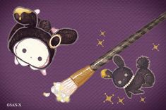 a purple background with two stuffed animals on it's head and one holding a broom