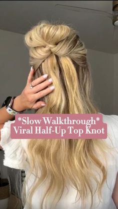 Top Knots For Long Hair, Easy Fancy Updos, Easy Half Up Half Down Hairstyles, Half Up Top Knot, Easy Top Knot, Nurse Hair, Top Knot Tutorial, Diy Curls, Updo Easy