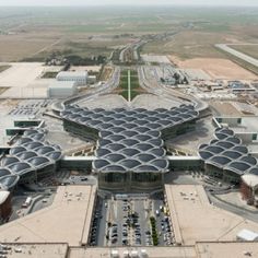 an aerial view of a large airport terminal