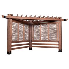 a wooden arbor with lattices on the top and bottom part, set against a white background