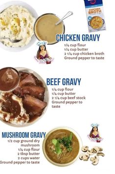 a menu with different types of food on it, including meats and gravy