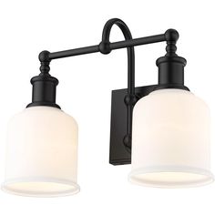 Choose a vintage industrial look with nautical influence, adding this two-light wall sconce from the Bryant collection. Embrace a bold matte black finish steel frame and mount, blending beautifully with opal glass shades. A curved arm, ornate holders, and lipped shades generate extra charm that stylize a custom bath space, dining area, or main living room. Dimmable: Yes Shade Included: Yes Farmhouse Vanity Lights, Farmhouse Vanity, Traditional Bathroom Vanity, Black Vanity Light, Black Vanity, Vanity Light Fixtures, Bathroom Sconces, Deco Luminaire, Light Vanity