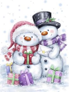 two snowmen are standing next to each other in the snow with presents under them