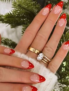 Attractive Christmas Line Nail Designs Ideas 2023 Red Tip Nails With Snowflake, Holiday Nails French Tip Red, Red Tip Nails Christmas, White And Red Nails Christmas, Festive Christmas Nails Red, Red Nails White Tips, Christmas Red French Tip Nails, Christmas Nails Red Tips, Christmas Swirl Nails