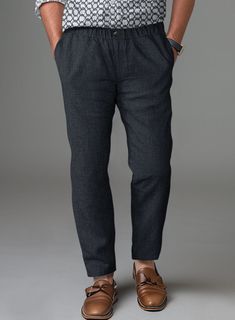 Classic luxury doesn't come any better than our well tailored Easy Pants Dark Blue Linen. Crafted from linen, the pants are the pinnacle of laid-back summer style as linen is breathable that keeps you all aired out. Keep it simple with a matching jacket and waistcoat, a crisp white shirt and dark brown brogue shoes.  Look Includes   Dark Blue Linen Fabric  Elastic Waistband  Zip fly With Button Closure   Internal Drawstring   Two Welted Back Pockets   Click 'Customize Now' to modify the look if Linen Tapered Leg Pants With Pull-on Style, Linen Chinos For Summer Workwear, Summer Linen Chinos For Workwear, Summer Workwear Linen Chinos, Relaxed Fit Linen Tapered Leg Chinos, Linen Chinos With Tapered Leg For Business Casual, Business Casual Linen Chinos With Tapered Leg, Relaxed Fit Linen Chinos With Straight Hem, Linen Chinos With Welt Pockets