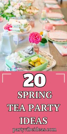 a long table with pink flowers and tea cups on it is featured in this postcard