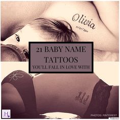 two baby name tattoos on the back of a woman's shoulder and chest, with text overlay that reads 21 baby name tattoos you'll fall in love with