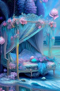 an artistic painting of a bed with flowers on the headboard and canopy over it