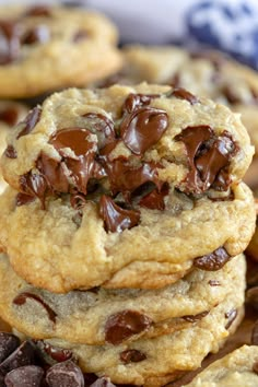 chocolate chip cookies stacked on top of each other