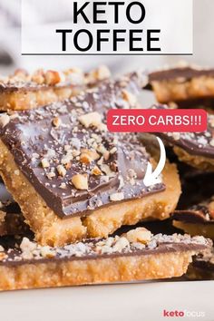 there are chocolate and nuts on top of toffes with the words zero carbs above it