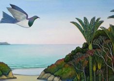 a painting of a bird flying over the ocean