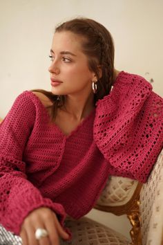 Crochet Fucia Lace sweater, one of a kind, exclusive by Tania Skalozub Note: I am beginning to sell out some of my crochet clothes which are new, but were used in photo sessions on models, so may have some signs of previous use. Hand crocheted from CotLin YARN (70% Tanguis Cotton, 30% Linen) To fit S M  Length - 44 cm + 2,5 cm ribbing Sleeve length 48 cm + 4 cm ribbing Lace Sweater Crochet, White Lace Sweater, Crochet White, Sweater Crochet, Dress Up Outfits, Lace Sweater, Sweater Crochet Pattern, Sell Out, White Crochet