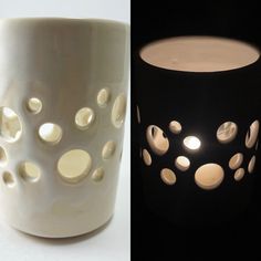 two different types of vases with holes in the middle one is white and the other is black