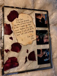 a frame with some pictures and writing on it