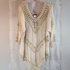 Nwt, Beautiful, Crochet Shirt. Features V Neck With Crochet Around The Neck, Sleeves And Bodice. Natural Color Boho. So Pretty! No Stains Or Holes. Festival Beige Tops With Crochet Trim, Beige V-neck Top For Beach Cover-up, Beige Crochet V-neck Top With Crochet Trim, Long Sleeve Tops With Crochet Trim For Festival, Long Sleeve Crochet Trim Top For Festival, Cream Tops With Crochet Trim For Beach, Casual Crochet Trim Top For Beach Cover-up, Casual Beach Cover-up Tops With Crochet Trim, Beach Crochet Blouse