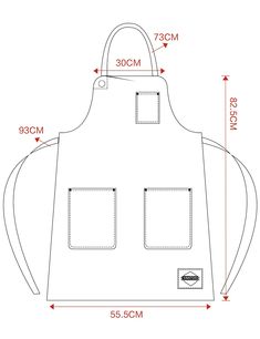 the size and measurements of an apron with pockets on each side, shown in white