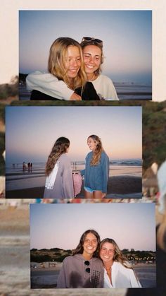 two women standing next to each other on the beach at sunset, and one woman is hugging her friend