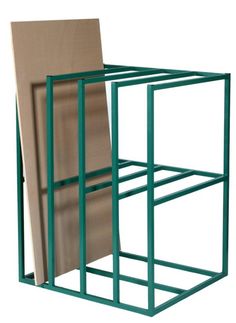 a green metal rack with two cardboard boxes in it