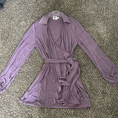 Never Worn, Purple Soft Material, Wraps And Ties With Belt Spring Wrap Mini Dress For Night Out, Purple Long Sleeve Sleepwear, Purple Tie-back Mini Dress, Cheap Purple V-neck Sleepwear, Casual Purple Button-up Dress Shirt, Luxury Purple V-neck Mini Dress, Tie Dress, Colorful Dresses, Mini Dress