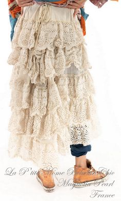 Pearl Skirt, Upcycling Design, Cascading Ruffles, Eyelet Fabric, Shabby Chic Style