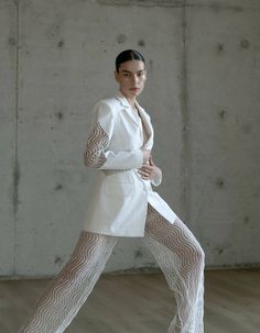 Frozen City, Wave Embroidery, Bridal Pantsuit, White Pantsuit, Goddess Outfit, White Runway, Wedding Couture, Sheer Pants, Fashion Runway Show