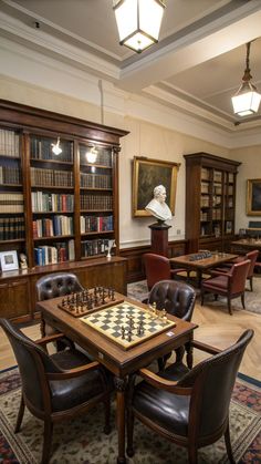 Dark Academia Decor Dark Wood Library, Chess Wallpaper, Dark Wood Paneling, Mental Challenges, Academia Inspiration, Moody Colors, Academia Decor, Chess Boards, Dark Academia Decor