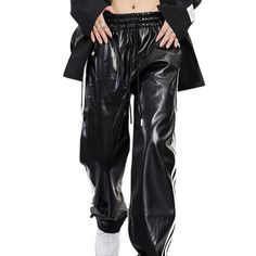 Material: PU Leather Black High-waisted Polyurethane Leather Pants, Faux Leather High-waisted Pants With Zipper Closure, High-waisted Faux Leather Pants With Zipper Closure, Edgy Faux Leather Full-length Pants, Stretch Faux Leather Full-length Pants, Modern Baby, Black Pants, Leather Pants, Pu Leather