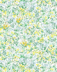 a white and yellow flowered background with green, yellow and blue flowers on it