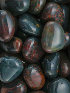 "Bloodstone can be used to produce \"invisibility\" or \"cloaking\" when in a place or involved in a situation where one does not wish to attract attention to oneself = protection. Bloodstone ensures justice and fairness in court and legal affairs.  The bloodstone has been used as an amulet to protect against the evil eye.  The stone size is 1/2\" - 1\"...can vary. 100% natural gemstone - each stone may vary in size and color.  Nora Custer Designs also has the opportunity to have items picked up Colorful Rocks, Crystal Magic, Mineral Stone, Tumbled Stones, Gems And Minerals