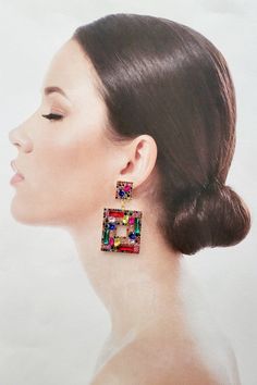 Multi Color Dangle Earrings with Multi Stone Detail. 4 Inches tall in square. Will lighten up any outfit. Multicolor Rectangular Earrings For Party, Rectangular Crystal Earrings For Party, Rectangular Multicolor Party Jewelry, Square Chandelier, Multi Stone, Dangle Earrings, Multi Color, Stud Earrings, Drop Earrings