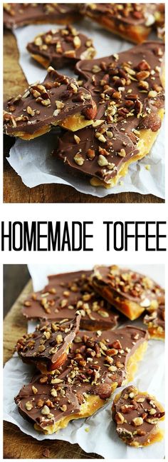 homemade toffee with chocolate and nuts on top is shown in three different pictures