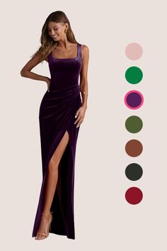 a woman in a long purple dress standing next to color swatches and wearing sandals