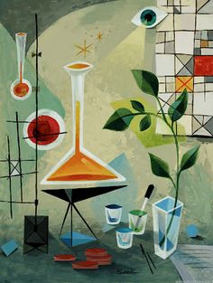 an oil painting with various objects on the table and in front of it is a plant