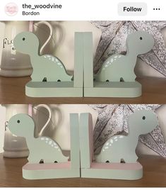 two photos of the same dinosaur on wooden shelves, one is white and the other is light green