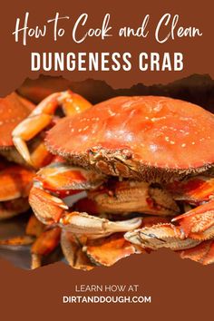 how to cook and clean dunggeness crab with text overlay that reads, how to cook and clean dunggenese crab