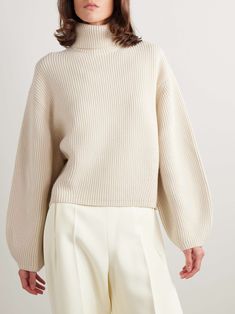 TOTEME Ribbed wool-blend turtleneck sweater Chic Wool Sweater With Ribbed Collar, Elegant Oversized Ribbed Sweater, Elegant Winter White Sweater With Ribbed Cuffs, Chic Beige Sweater With Ribbed Collar, Chic Neutral Ribbed Sweater, Chic Ribbed Neutral Sweater, Modern Ribbed Sweater For Work, Chic Ribbed Cream Sweater, Chic Cream Ribbed Sweater