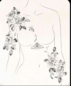 a drawing of a woman with flowers on her chest