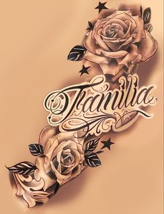 an old school tattoo design with roses and the word tranhila written in cursive writing