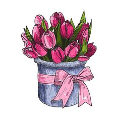 a bouquet of pink tulips in a blue vase with a ribbon tied around it